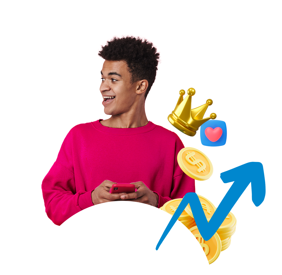 Um jovem de suéter rosa está segurando um celular plataforma de engajamento
