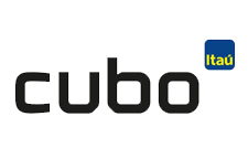 Cubo by Itaú com logotipo em preto e emblema Itaú em azul e amarelo.
