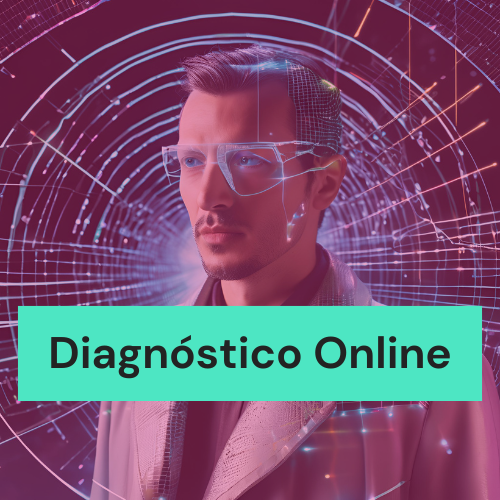 Um homem usando óculos com as palavras diagnostico online abaixo dele