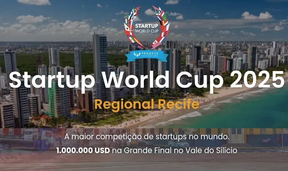 Startup World Cup 2025 event poster in Recife. Skyscrapers overlook a beach. Text: