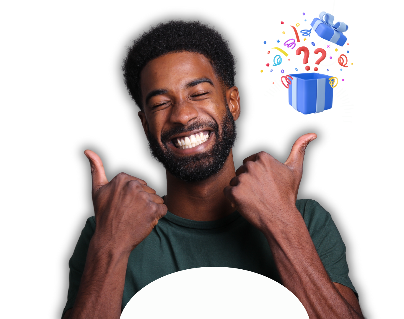 Homem fazendo sinal de positivo, sorrindo, com um balão de pensamento mostrando uma caixa de presente aberta com confete.