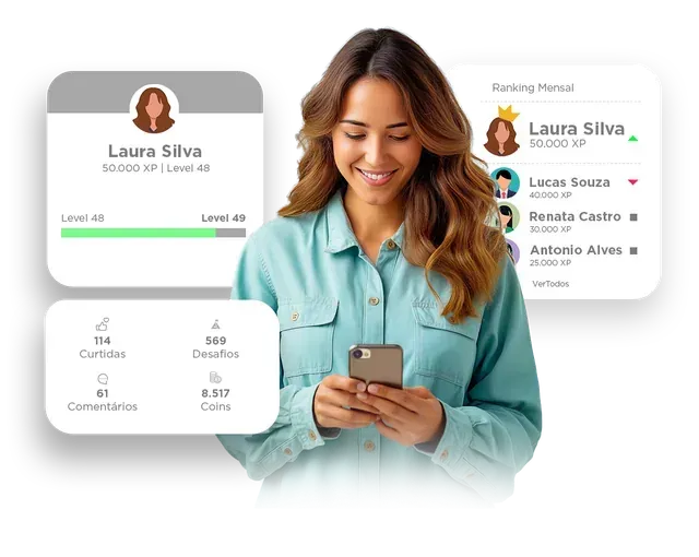 Mulher sorrindo para o celular com painéis do aplicativo mostrando perfil, métricas e listas da plataforma de gamificação Peoplefy
