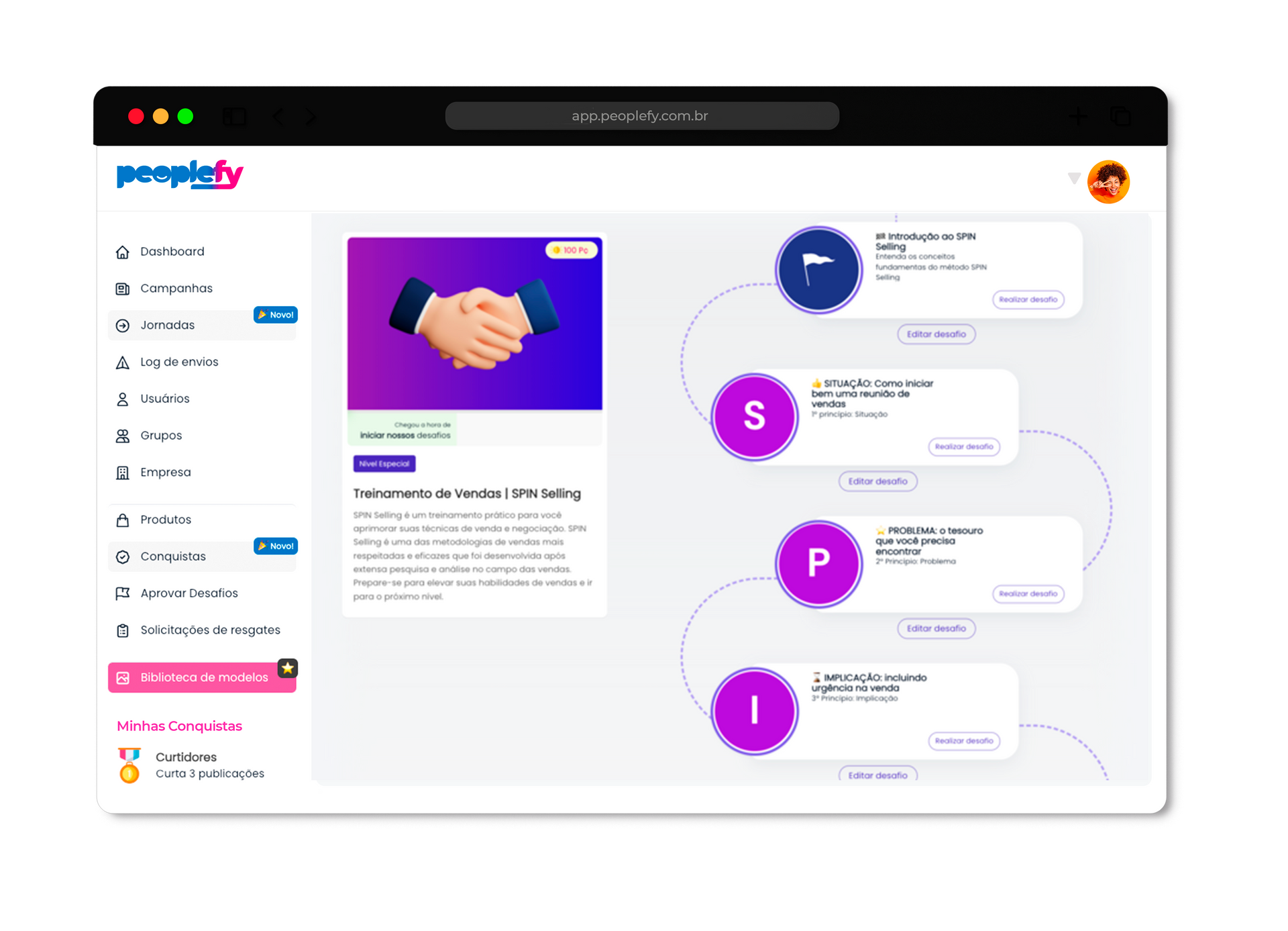 Interface web que mostra um fluxo de trabalho de fechamento de negócio com uma imagem de aperto de mãos e etapas interconectadas,