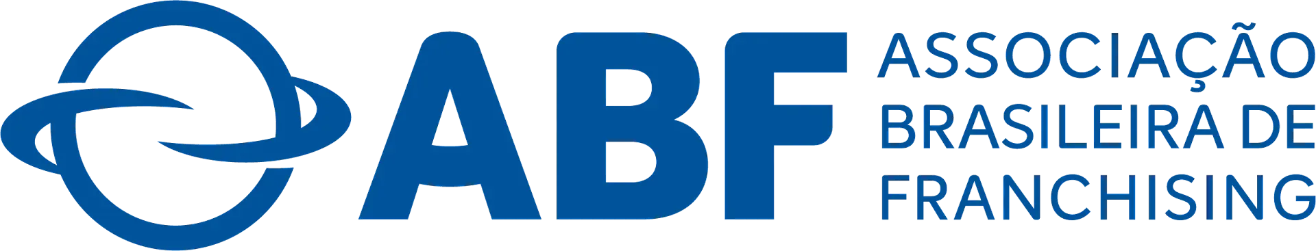 Logotipo da ABF (Associação Brasileira de Franquias) em azul e branco. Apresenta um globo estilizado e texto.