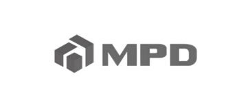 Logotipo da MPD com estrutura geométrica. As letras MPD estão em negrito, em fonte sem serifa.