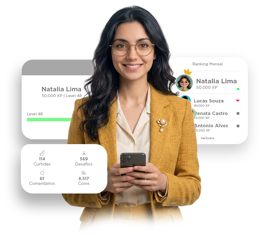 Mulher sorrindo enquanto usa um telefone, com maquetes da interface do aplicativo mostrando contatos e informações de perfil.