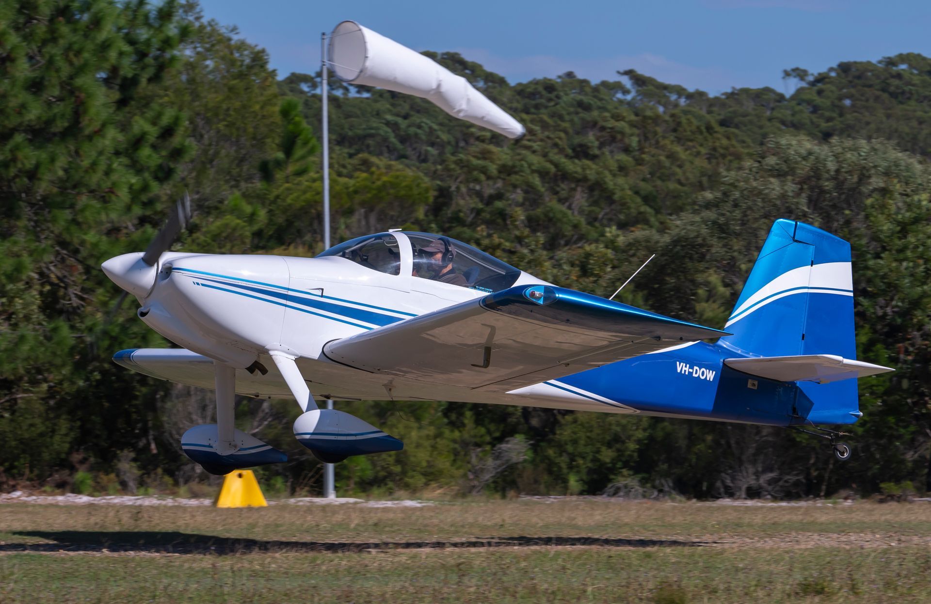 A small blue and white plane is sitting on a grassy field.