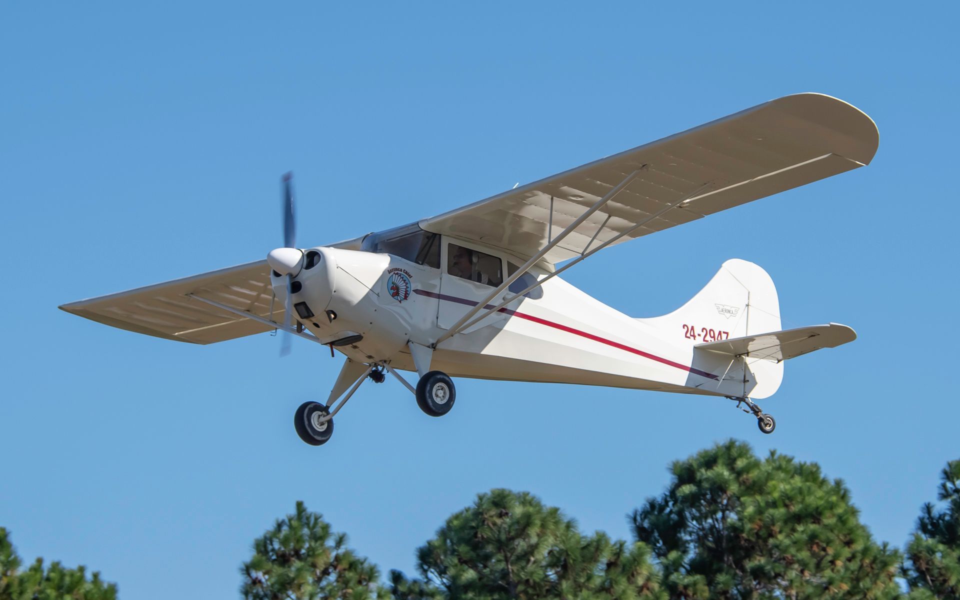 a small plane is flying in the sky over trees .