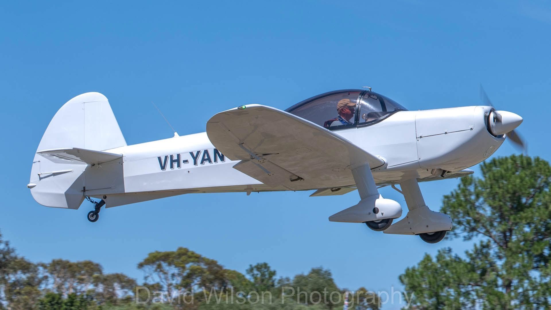 White single-engine airplane, registration VH-YAN, in flight against a blue sky, trees in the background.