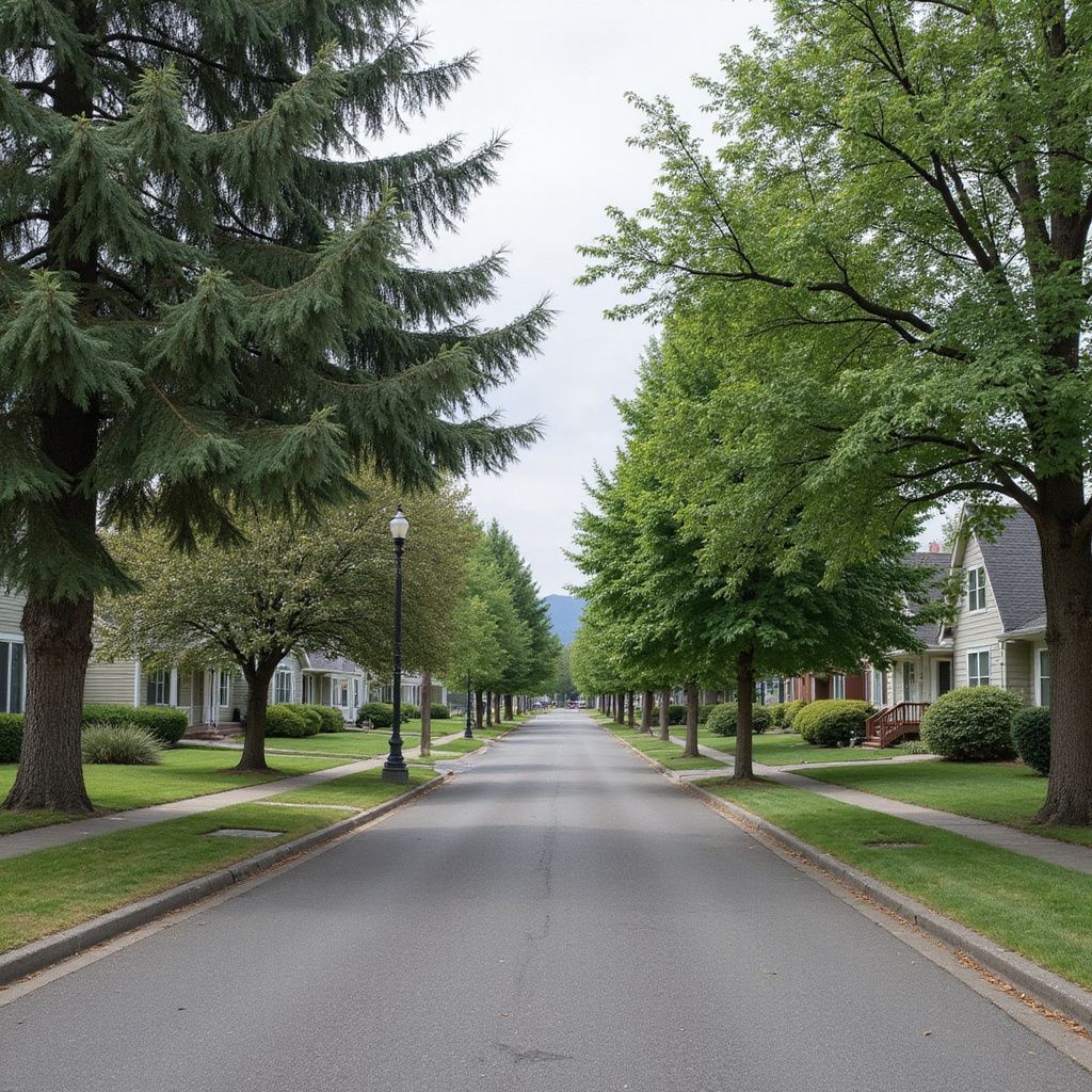 Street lined with trees and houses under an overcast sky.