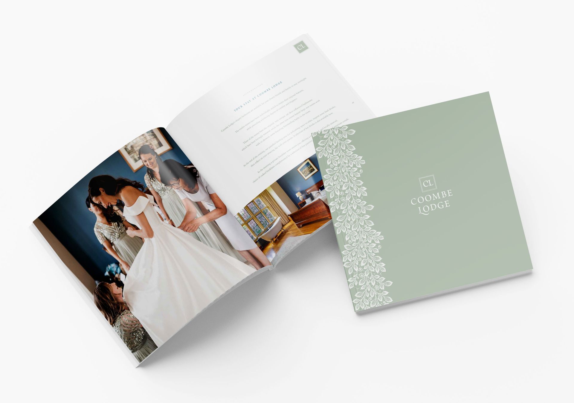 A wedding brochure with a picture of a bride and groom getting ready for their wedding.