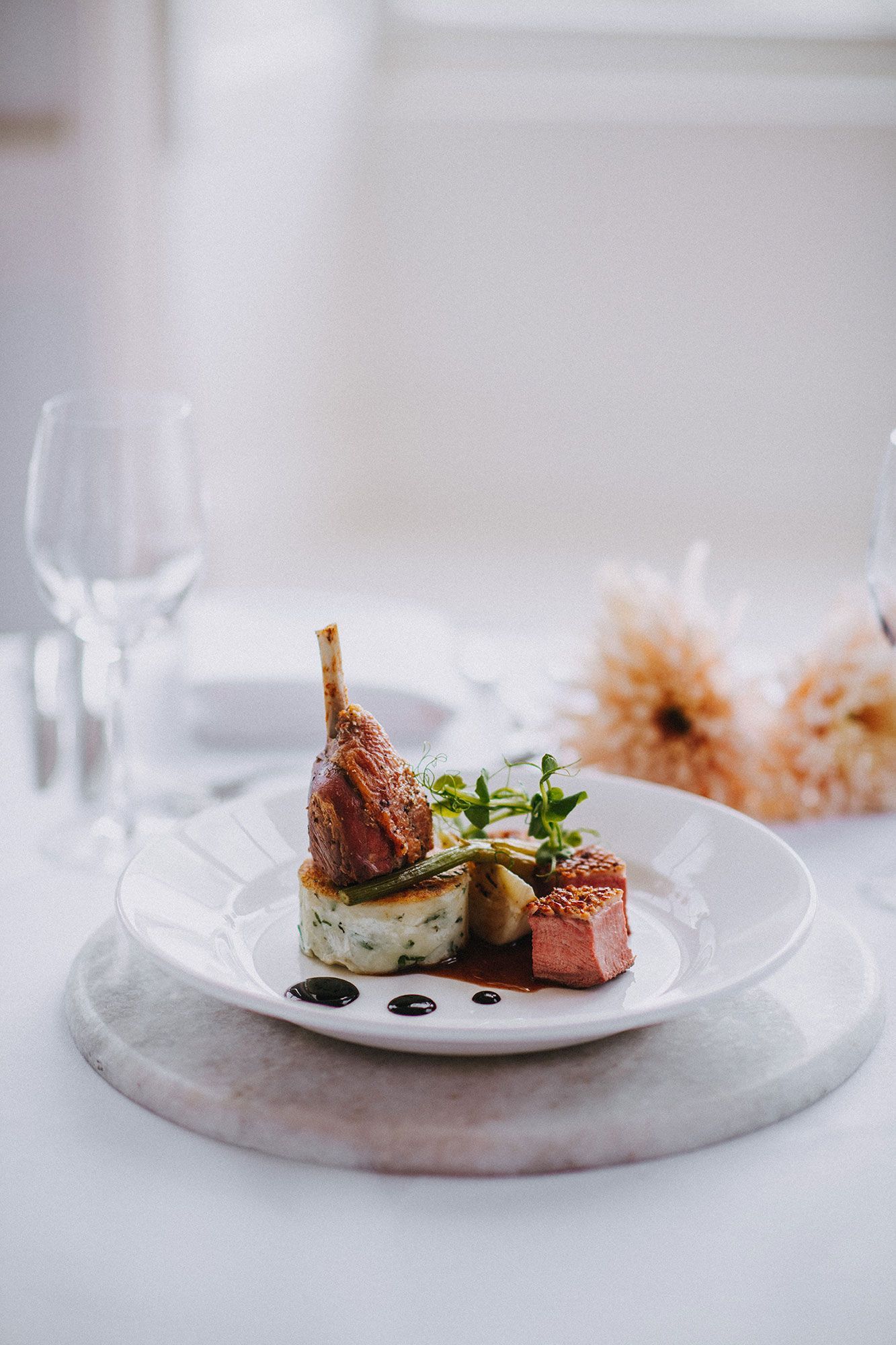 A close up of a plate of food on a table.