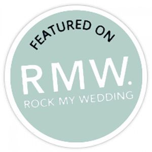 A sticker that says ' featured on rmw rock my wedding ' on it