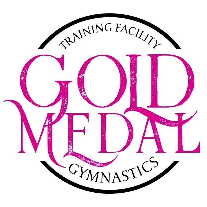 Gold Medal Gymnastics logo: Pink text within a black circle; "Gold Medal" in big letters, "Training Facility" & "Gymnastics".