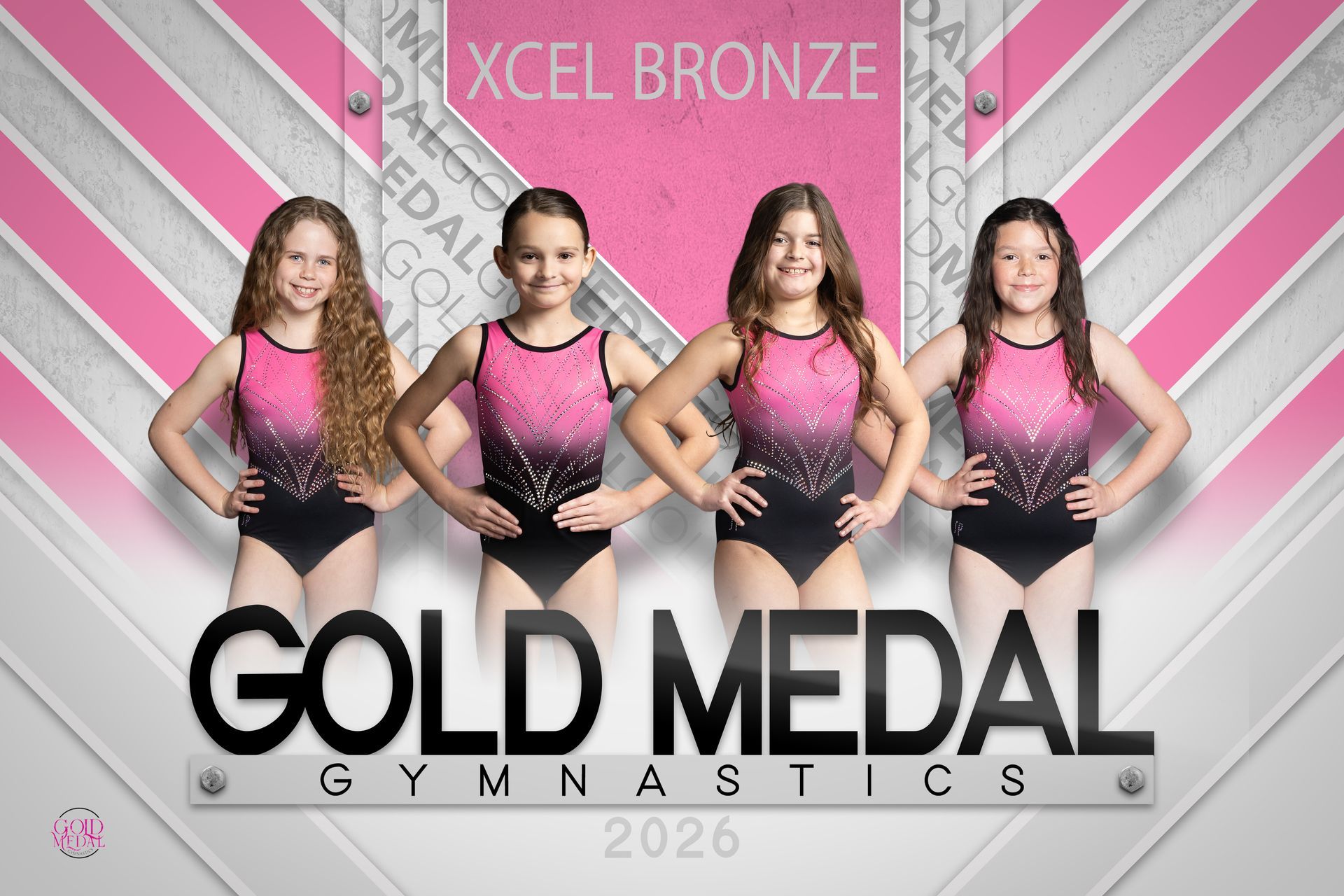Eleven gymnasts in matching black and pink leotards standing side-by-side on a blue mat.