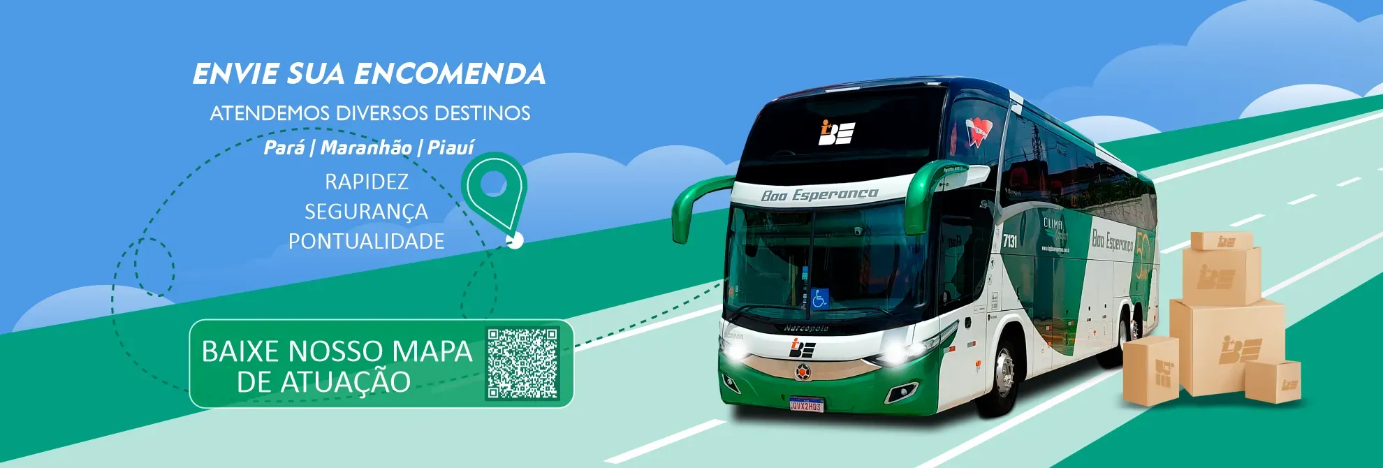 Anúncio de serviço de entregas. Um ônibus de dois andares verde e branco com caixas para serem enviadas. Fundo azul e verde.