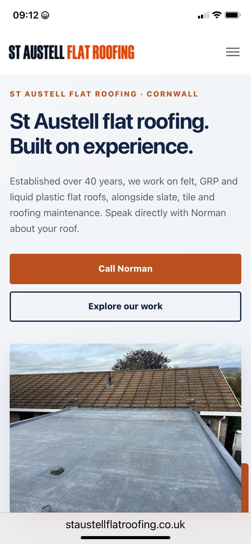 St Austell Flat Roofing mobile website homepage