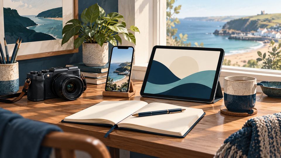 Editorial illustration of a camera, smartphone, tablet and notebook in a coastal workspace
