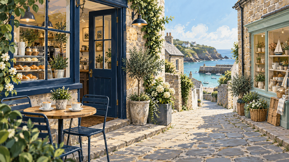 Editorial illustration of a welcoming cafe and independent shop on a Cornish-style lane