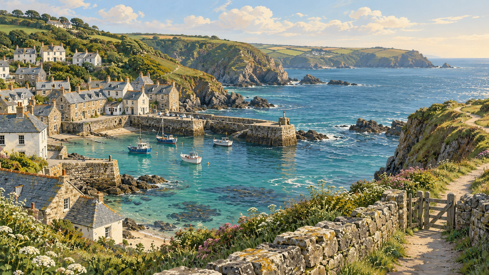 Editorial illustration of a Cornish-style harbour, coastal path and green cliffs