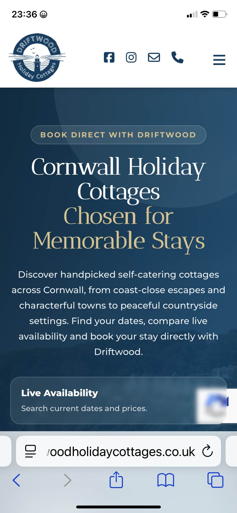 Cornwall Holiday Cottages mobile page for Driftwood
