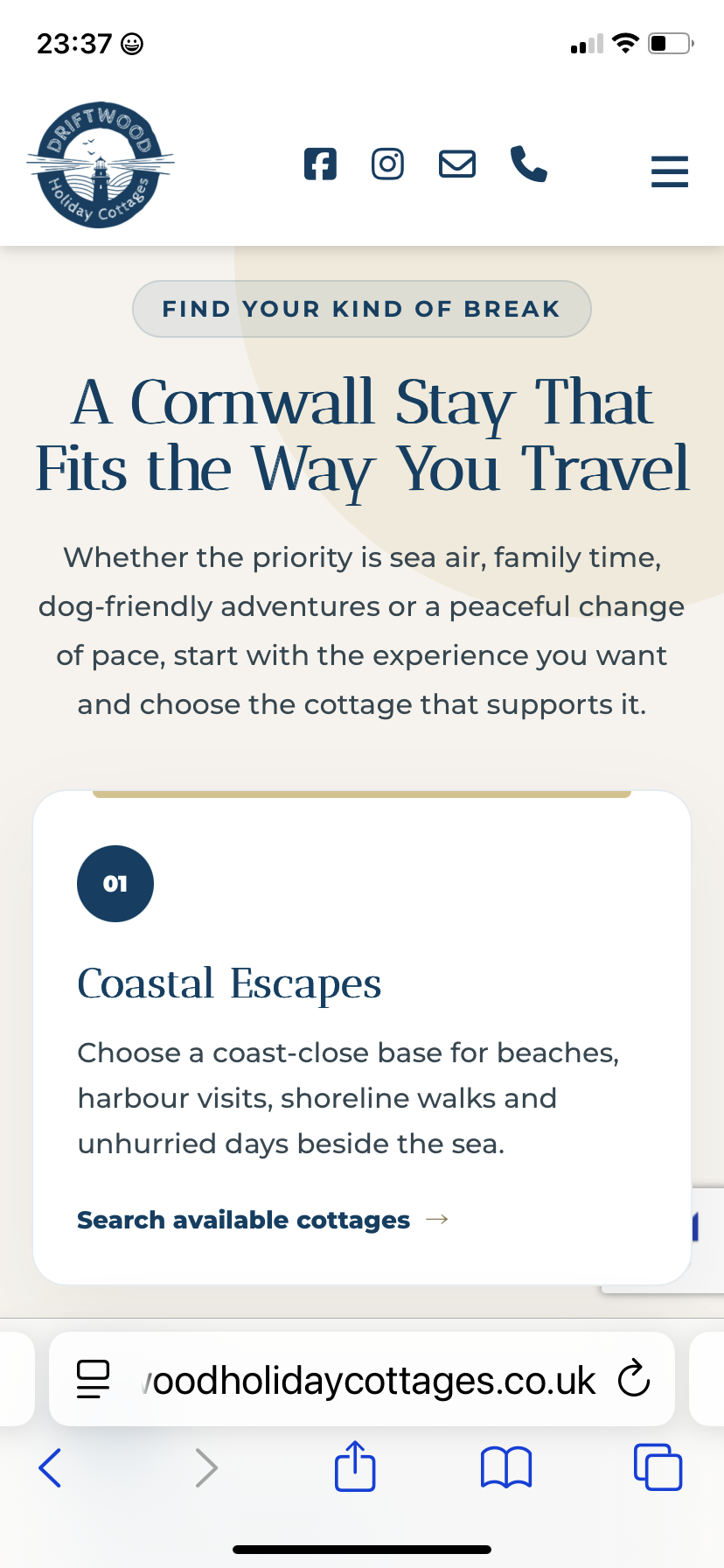 Cornwall guides and inspiration mobile section for Driftwood