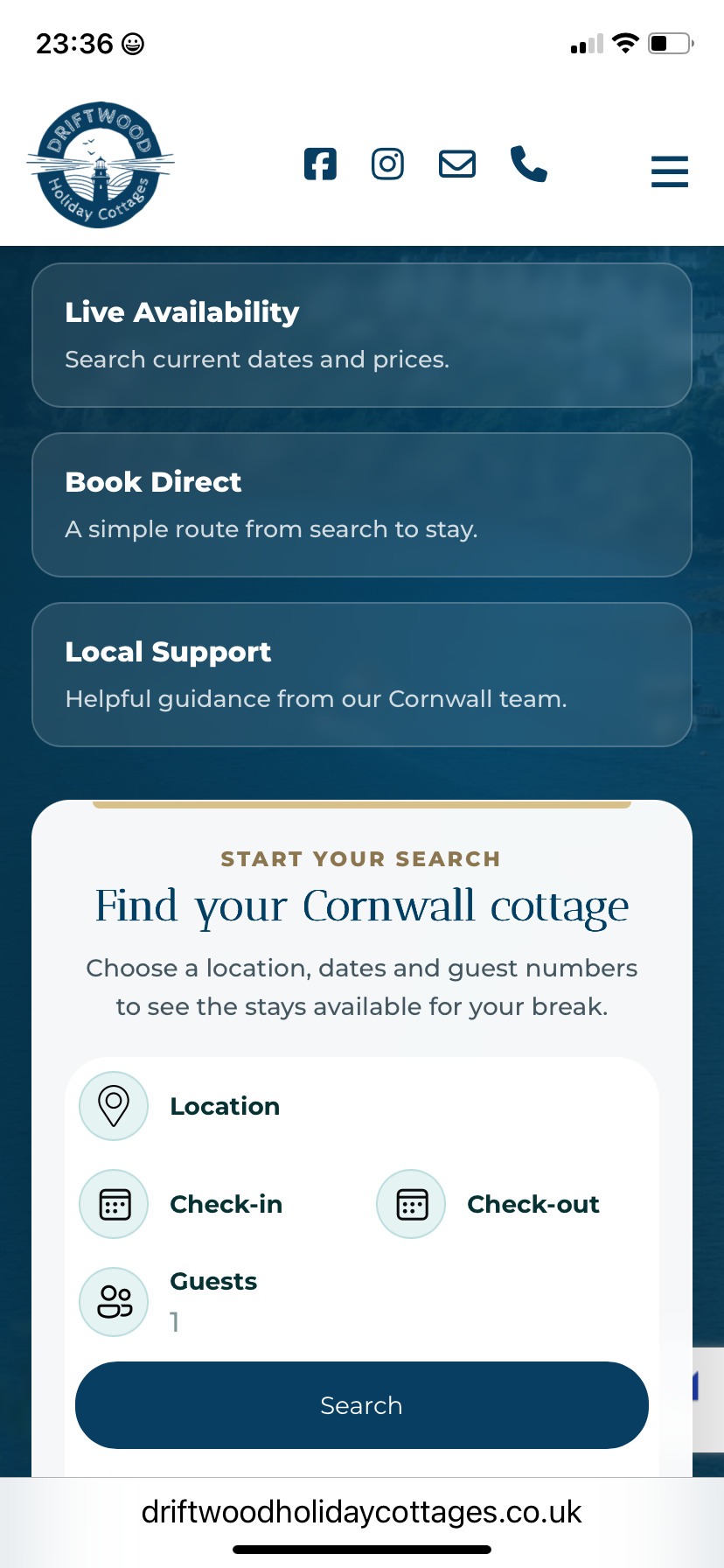 Mobile live-availability search for Driftwood cottages