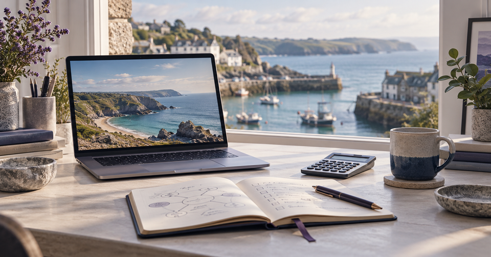 Illustration of a laptop, notebook and calculator overlooking a Cornish-style harbour
