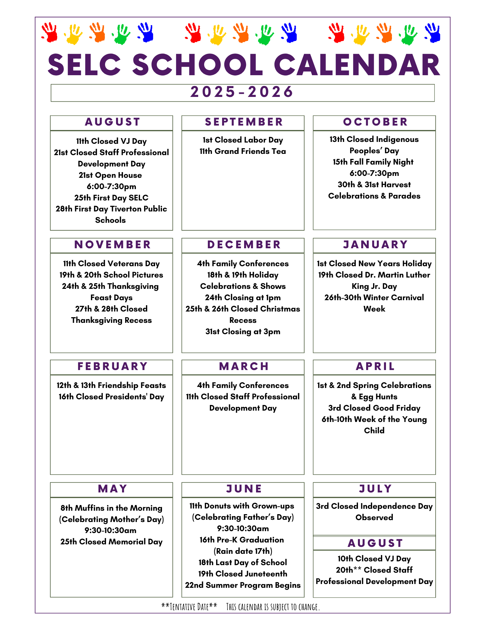 School Calendar — Learning Center in Tiverton, RI