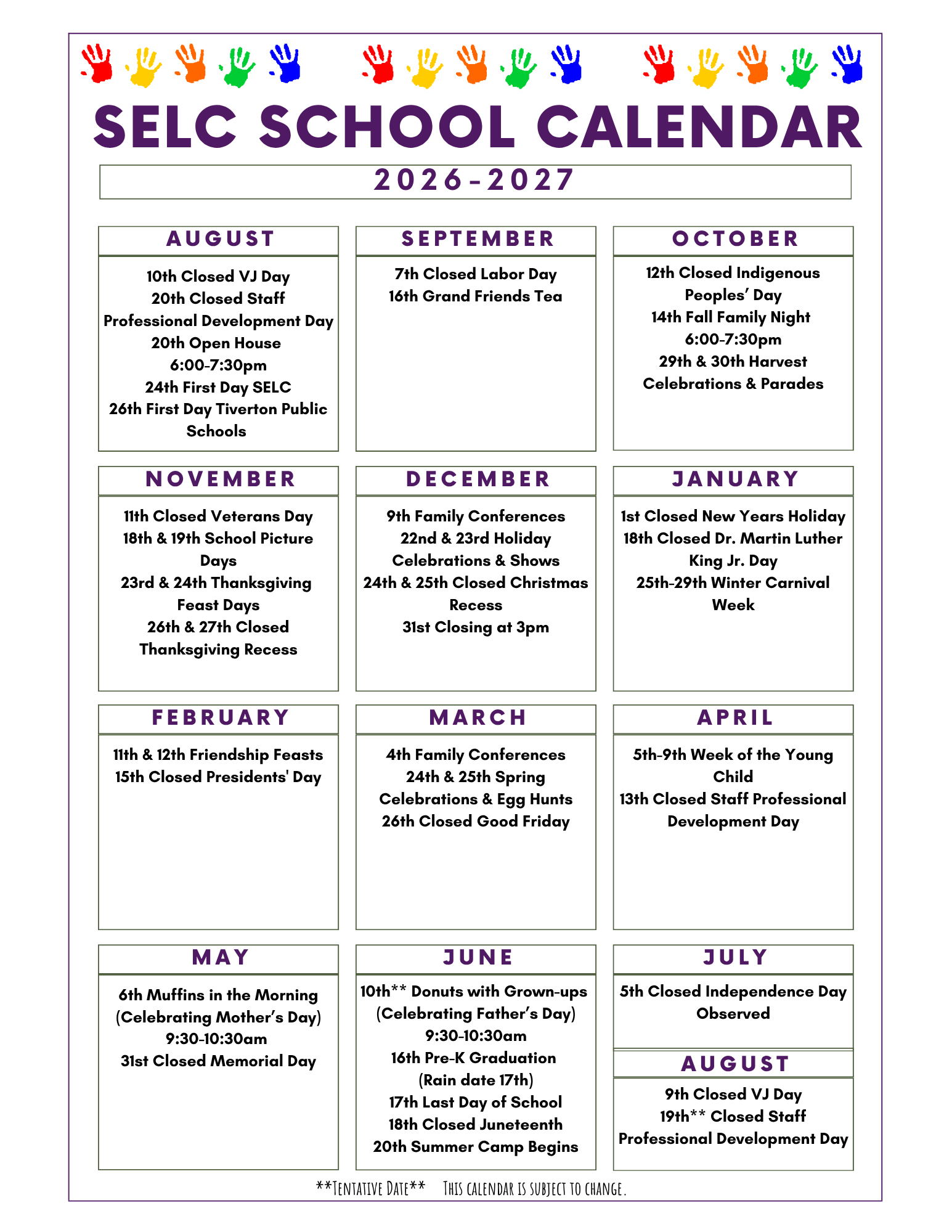 School Calendar — Learning Center in Tiverton, RI
