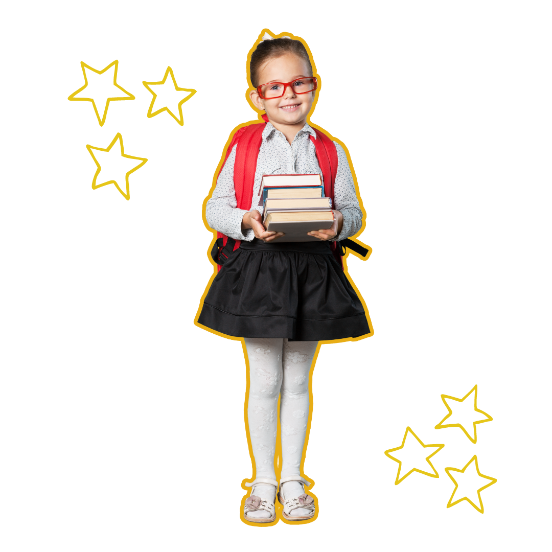A little girl is holding a stack of books in her hands.