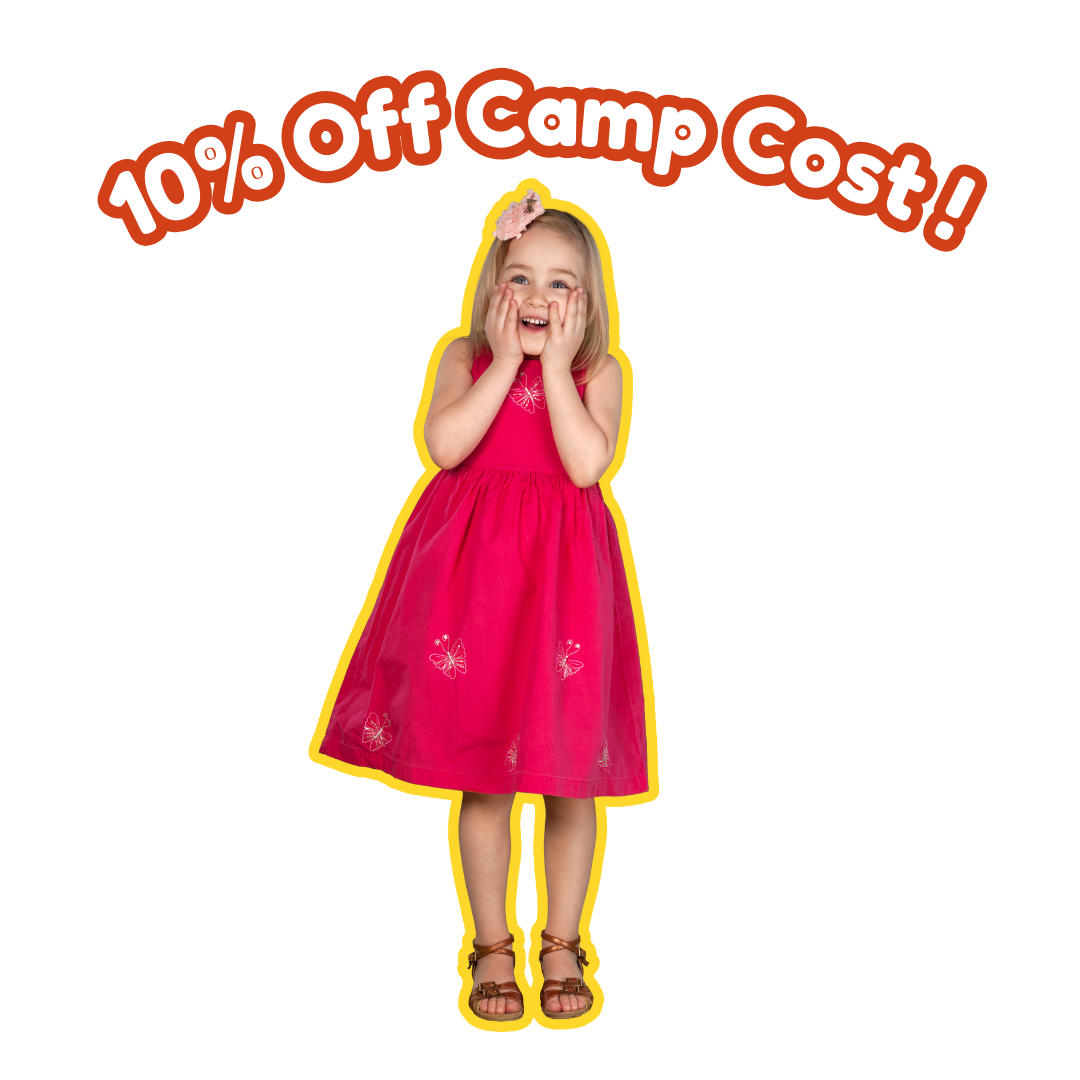 A little girl in a pink dress is standing in front of a sign that says 10 % off camp cost !