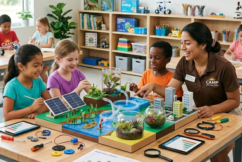An instructor and students work together on a hands-on science project involving a model city and miniature ecosystems.