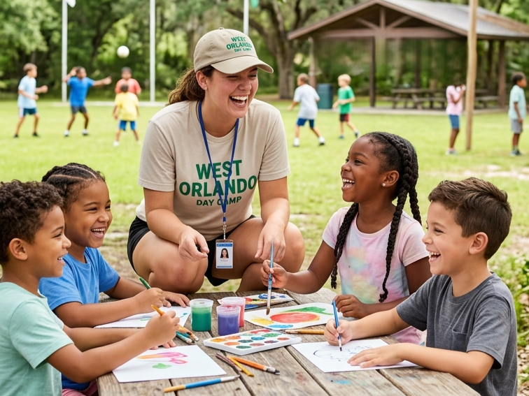 A camp counselor and four children sit at an outdoor table painting together, while others play on the grass nearby.