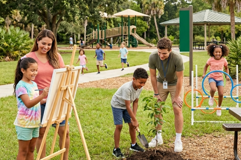 People engaged in park activities: painting on an easel, planting a sapling, and children running and jumping nearby.