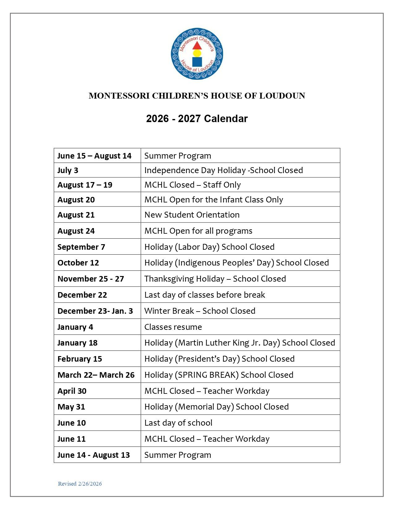 2026-2027 School calendar