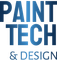 the logo for paint tech and design is blue and white .