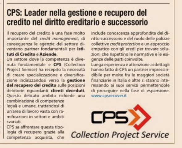 Annuncio pubblicitario di CPS per servizi di recupero crediti, con testo nero, logo con frecce arancioni e marchio