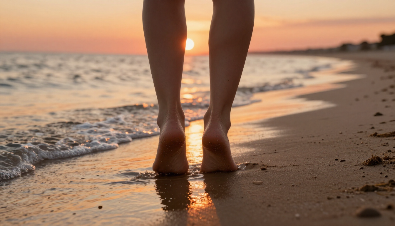 A person walking on a sandy beach at sunset, emphasizing summer foot safety.