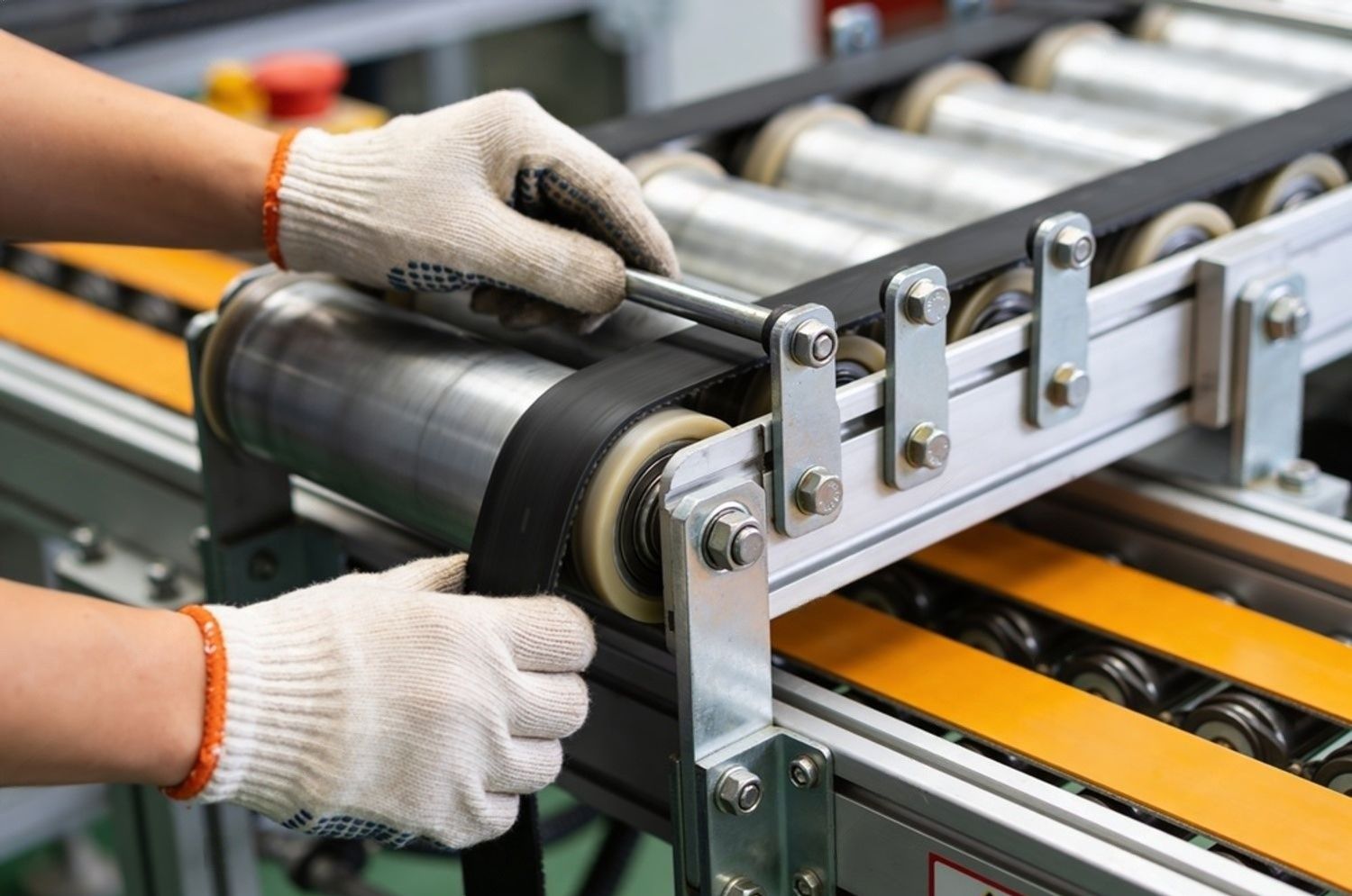 Gloved hands adjusting a black conveyor belt on an industrial machine