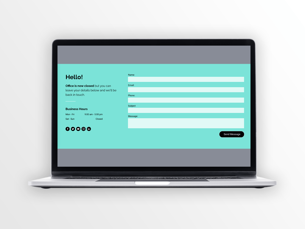 Laptop screen displaying a turquoise form with fields for name, email, and a sign-up button.