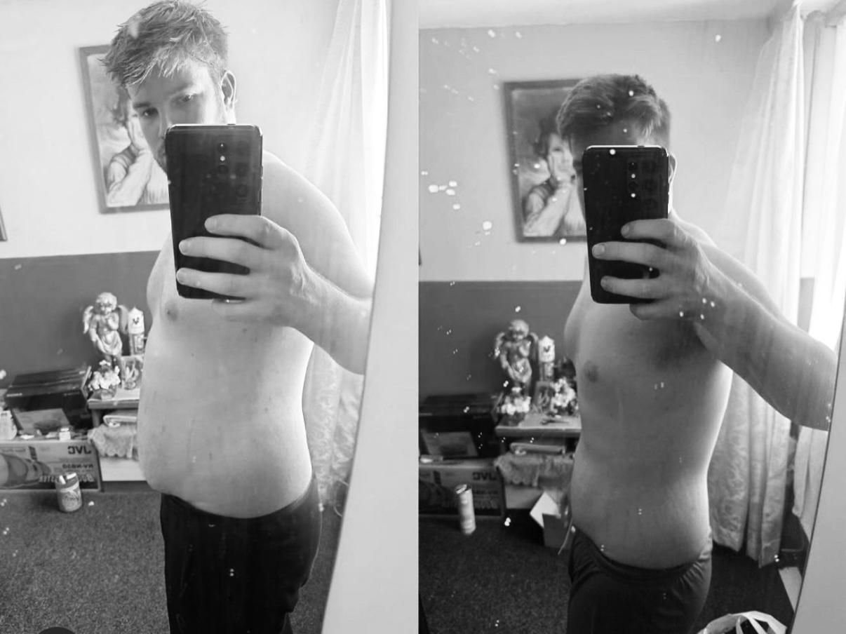 Twee selfies naast elkaar waarop iemands lichaam te zien is. De linker afbeelding toont een wat voller figuur, de rechter een meer gespierd uiterlijk.