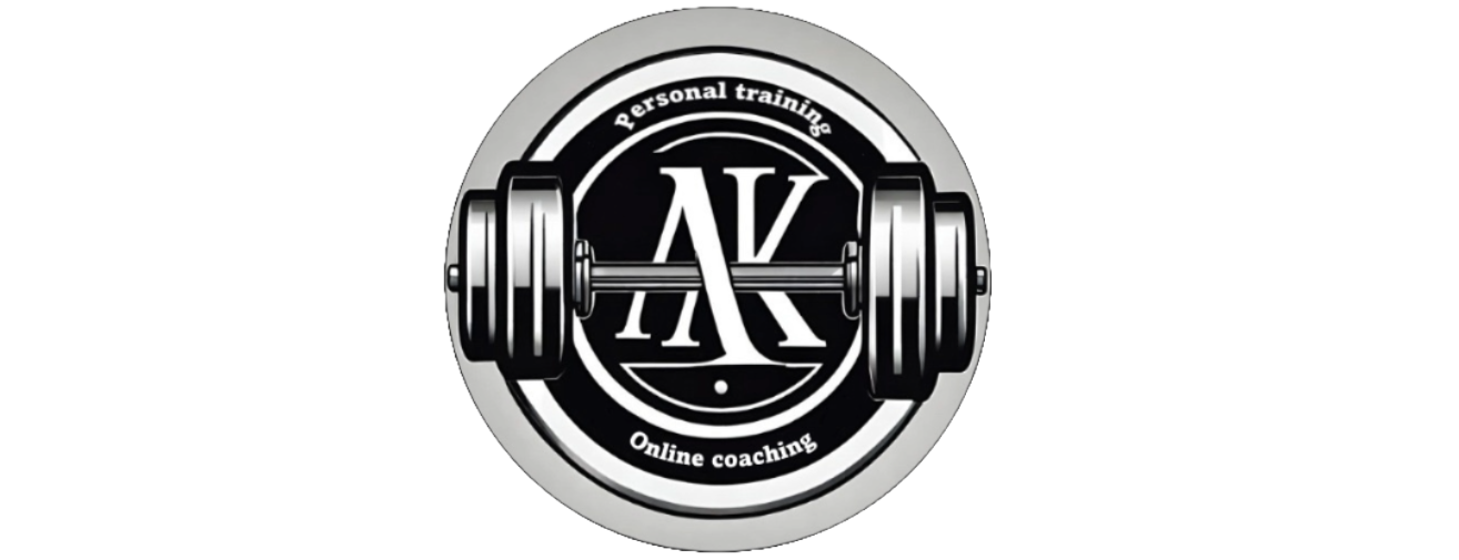 Logo voor AK Fitness, een sportschool, met een halter en de initialen AK.