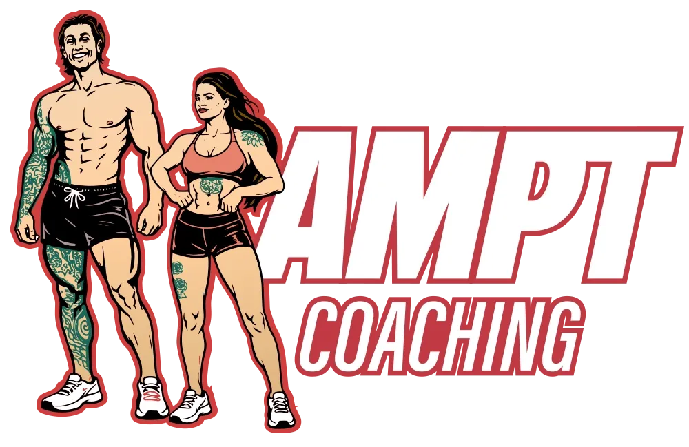 Two fitness athletes beside bold red AMPT COACHING logo on white background