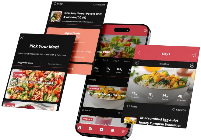 Food delivery app screens on a smartphone, showing colorful meal photos and menu cards.