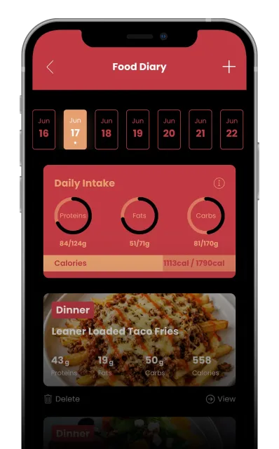 Food diary app screen with red dashboard, calorie charts, and a dinner meal photo card