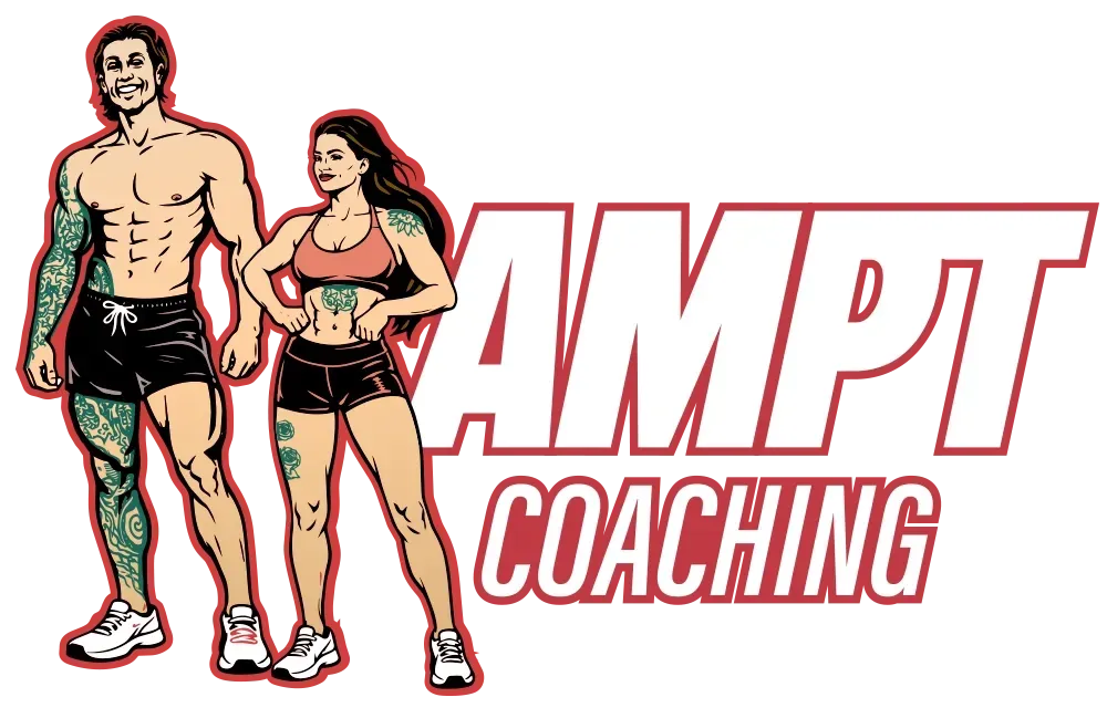 AMPT Coaching logo with illustrated man and woman in workout clothes
