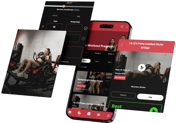 Fitness app mockup on red phone showing workout screens and video exercises