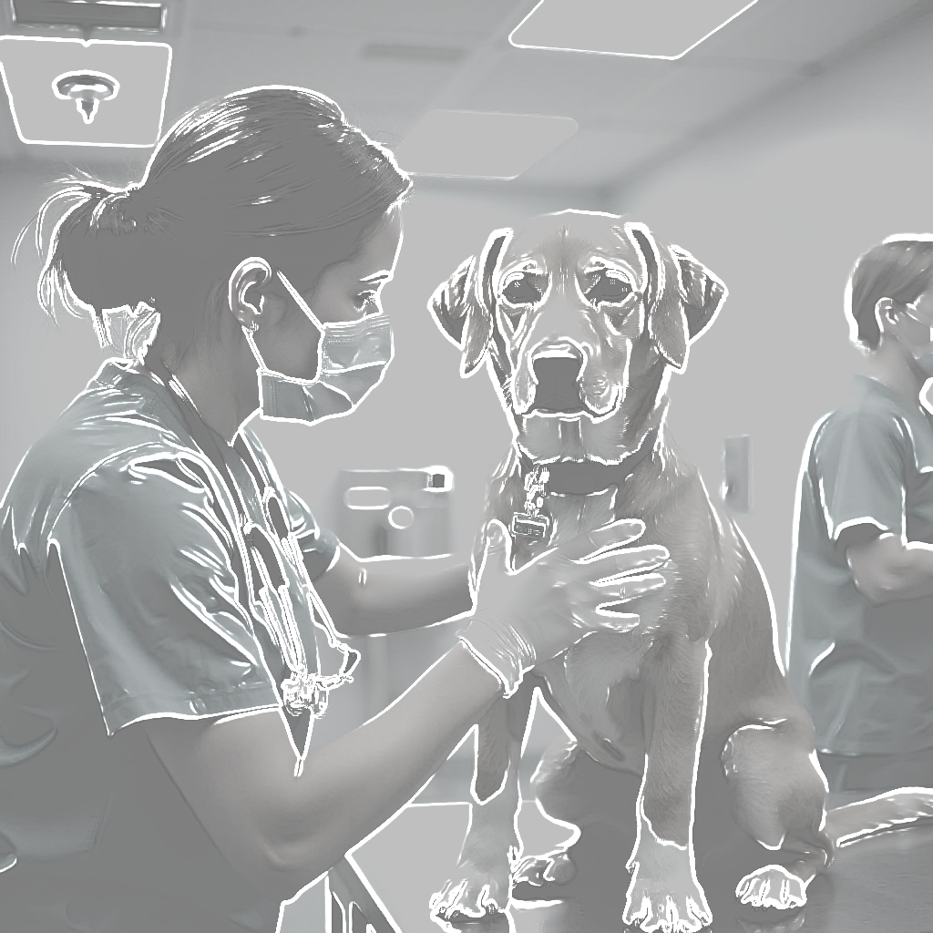 Veterinarian wearing a mask examines a dog in a clinic, with a second person in the background.