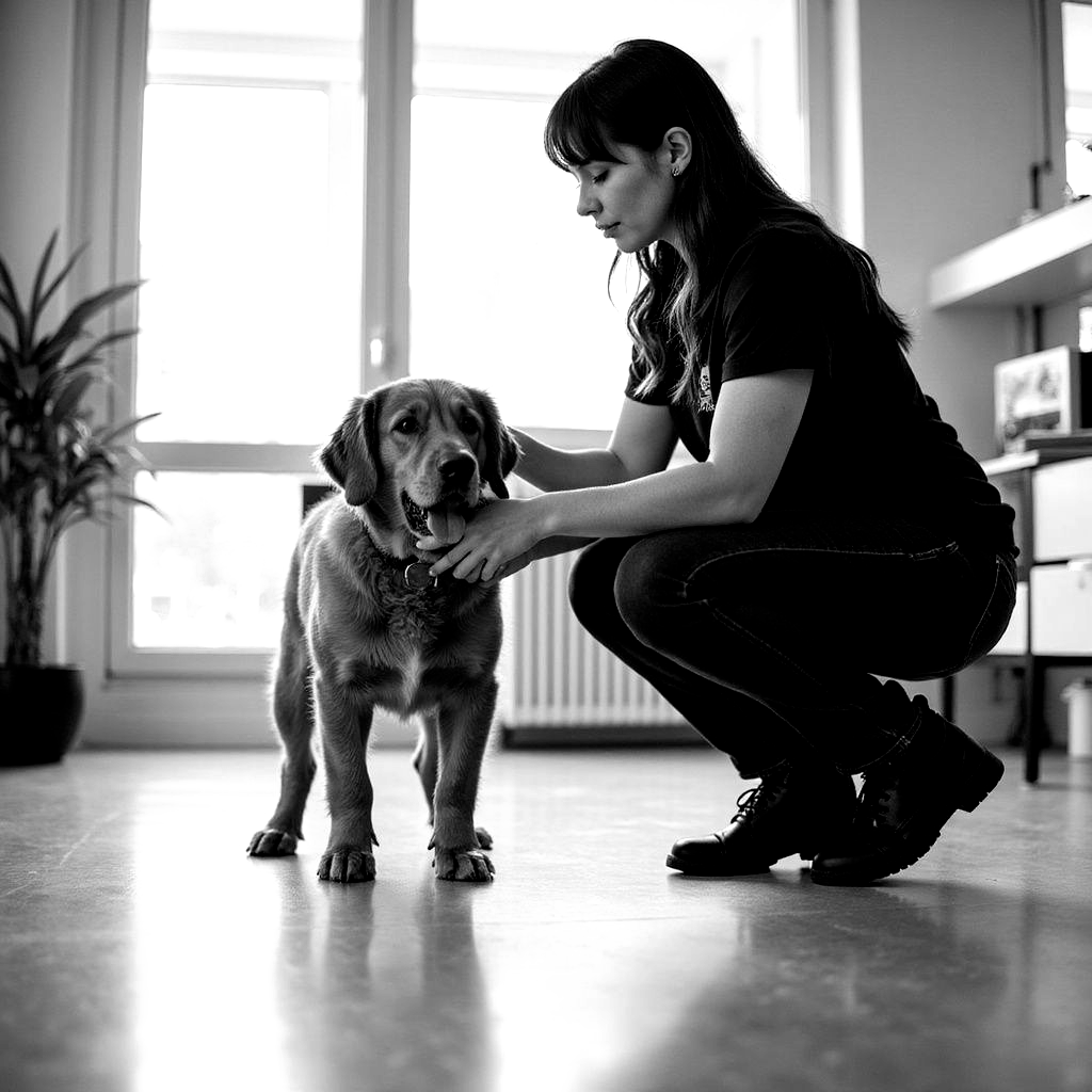 Woman petting a brown Labrador dog, indoors. Bright room, natural light.